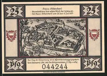 Notgeld Hessisch-Oldendorf 1921, 25 Pfennig, Stadtmotiv um 1633, der Geizhals Baxmann