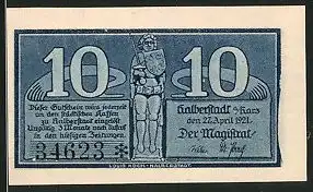 Notgeld Halberstadt am Harz 1921, 10 Pfennig, Roland-Denkmal, Bukow von Halberstadt