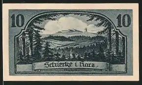 Notgeld Schierke im Harz 1921, 10 Pfennig, Goethe-Porträt, Blick auf den Brocken