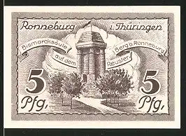 Notgeld Ronneburg in Thüringen 1921, 5 Pfennig, Stadtwappen, Bismarcksäule