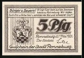 Notgeld Ronneburg in Thüringen 1921, 5 Pfennig, Stadtwappen, Bismarcksäule
