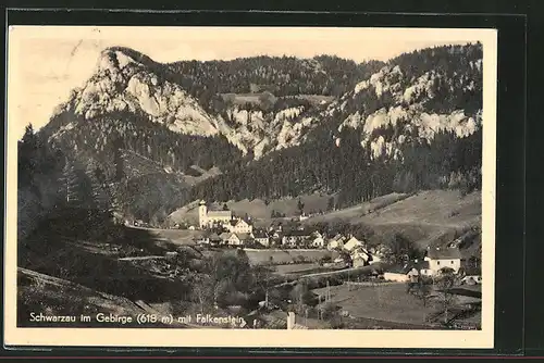 AK Schwarzau im Gebirge, Panorama mit Kirche und Falkenstein
