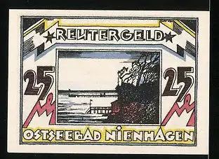 Notgeld Ostseebad Nienhagen 1921, 25 Pfennig, Badegäste am Strand, Seebrücke