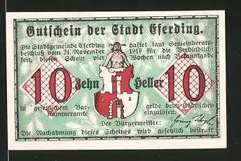 Notgeld Eferding 1919, 10 Heller, Stadtwappen, Blick durch das Linzer Tor 1800