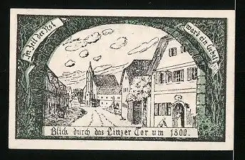 Notgeld Eferding 1919, 10 Heller, Stadtwappen, Blick durch das Linzer Tor 1800