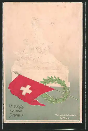 Präge-AK Stans, Winkelried-Denkmal mit schweizer Fahne