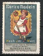 Reklamemarke Norica-Nadeln der Norica-Werke Wenglein, Nürnberg, Mädchen mit Nadel