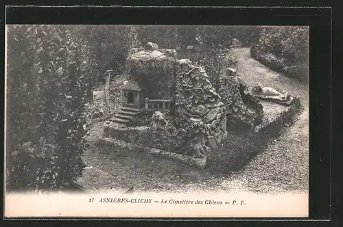 AK Asnières-Clichy, Le Cimetiere des Chiens, Hundefriedhof, aufwändige Skulptur