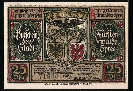 Notgeld Fürstenwalde an der Spree 1921, 25 Pfennig, Stadtwappen, Otto verkauft Fürstenwalde an Kaiser Karl IV.