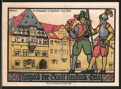 Notgeld Neustadt an der Orla 1921, 50 Pfennig, Neustadt um 1650 und Stadtwappen, die Schweden in Neustadt 1640