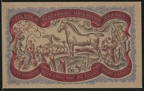 Notgeld Oldenburg in Oldenburg 1921, 50 Pfennig, Stadtwappen, Bauern mit Pferden