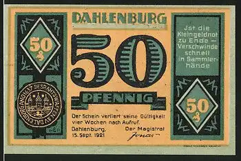 Notgeld Dahlenburg 1921, 50 Pfennig, Stadtsiegel, Bauer mit Rinderpflug