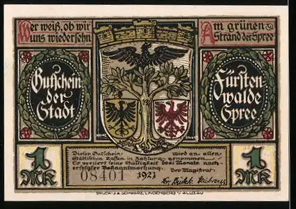 Notgeld Fürstenwalde an der Spree 1921, 1 Mark, Stadtwappen, Tillys Truppen in Fürstenwalde 1631