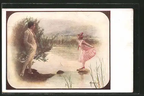 Künstler-AK Manasse: Dame steht auf einem Stein im Fluss u. schaut zu ihrem Geliebten herüber
