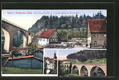 AK Welzheim, Eisenbahn-Viadukt beim Gasthaus Laufenmühle mit Wasserfall