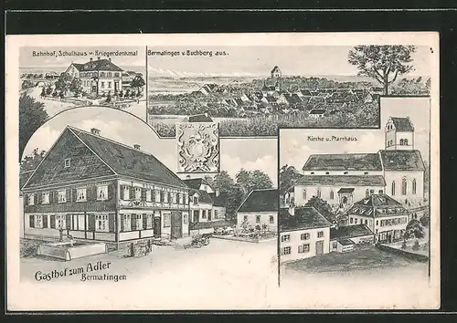 Künstler-AK Bermatingen, Gasthaus zum Adler, Kirche & Pfarrhaus, Bahnhof, Schulhaus & Kriegerdenkmal