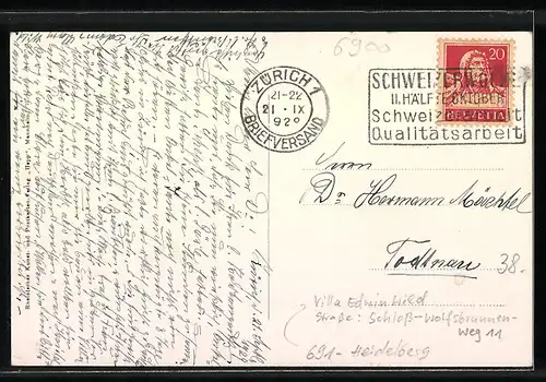 AK Heidelberg, Villa Edwin Wild, Strasse. Schloss-Wolfsbrunnen-Weg 11