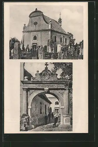 AK Bakov n./Jiz, Kirche vom Friedhof aus gesehen, Tor mit Innenschrift