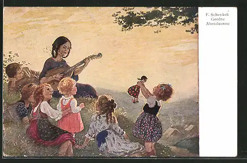 Künstler-AK Franziska Schenkel: Goldne Abendsonne, Mädchen spielt für Kinder Gitarre