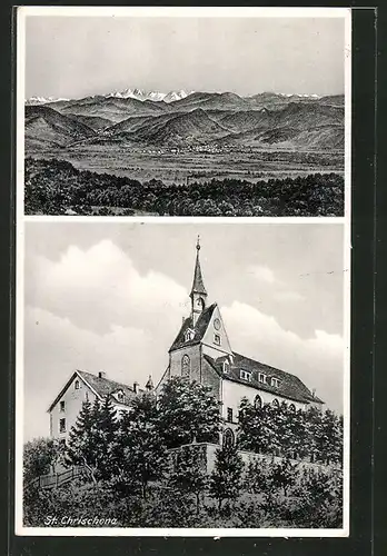 AK St. Chrischona, Kirche, Totale mit Bergen