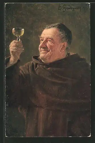 AK Mönch betrachtet ein Weinglas
