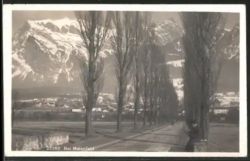 AK Maienfeld, Strassenpartie mit lesendem Mann und Blick nach den Bergen