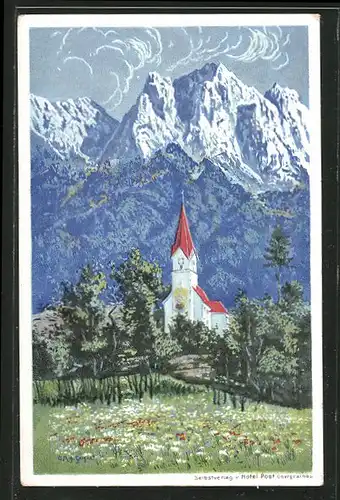 Künstler-AK Grainau, Blick zur Kirche mit Waxensteinen und Zugspitze