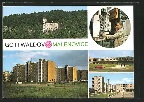 AK Gottwaldov-Malenovice, Blick zur Burg, Hauspartie, Ortsansicht