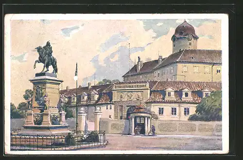 Künstler-AK Bad Podiebrad / Podebrady, Zámek, Schloss mit Denkmal