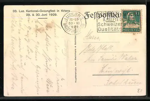 AK Kriens, 33. Luz. Kantonal-Gesangfest 1929, Scene aus dem Festspiel Bergwanderer & Pilatuschor