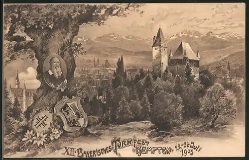 AK Kempten, XII. Bayerisches Turnfest 1905, Ortsansicht, Turnvater Jahn, Wappen