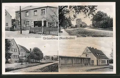 AK Grüneberg, Bahnhof, Lebensmittelgeschäft M. Walter, Kirche, Dorfstrasse