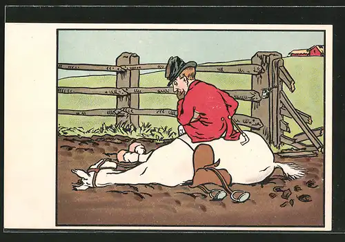 Künstler-AK M.Munk Nr.204: Pferd eines Reiters liegt im Matsch nach dem es durch den Zaun stürmte