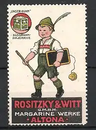 Reklamemarke "Unser-Ruhm"-Margarine der Margarinewerke Rositzky & Witt, Altona, Bub in bayerischer Tracht mit Tafel