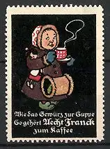 Reklamemarke "Aecht Franck"-Kaffee-Zusatz, "Zum Kaffee!", Mädchen im Wintermantel mit Tasse Kaffee