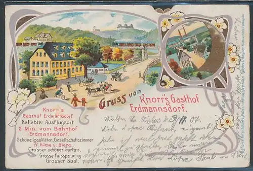 mechanische-Lithographie Erdmannsdorf, Knorrs Gasthaus, Viadukt mit Eisenbahn