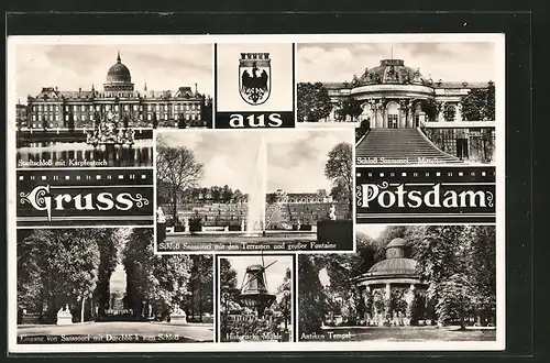 AK Potsdam, Stadtschloss mit Karpfenteich, Schloss Sanssouci, Antiken Tempel, Grosse Fontaine und Terrassen, Mühle