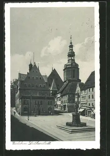 AK Eisleben, Markt mit Lutherdenkmal, Rathaus und Anderaskirche