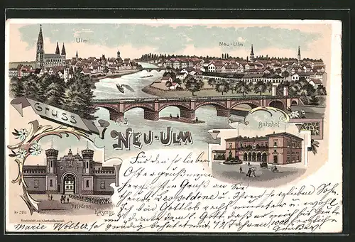 Lithographie Neu-Ulm, Bahnhof, Friedens-Kaserne, Blick zum Ort mit Ulm, Dampfer