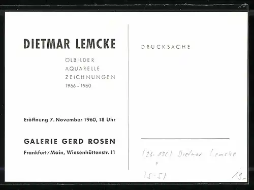 Künstler-AK sign. Dietmar Lemcke: Frankfurt, Galerie Gerd Rosen, Ausstellung 1960, Moderne Kunst