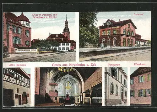AK Kirchheim, Synagoge, Kriegerdenkmal mit Schulhaus & Kirche, Bahnhof, Altes Rathaus, Pfarrhaus