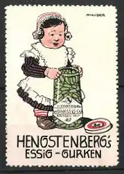 Künstler-Reklamemarke J. Mauder, Hengstenbergs Essig-Gurken, Mädchen mit Glas Gurken