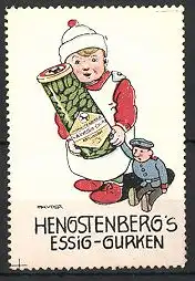 Künstler-Reklamemarke J. Mauder, Hengstenbergs Essig-Gurken, Junge mit Spielzeugpuppe und Glas Essiggurken