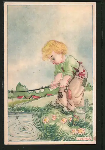 Künstler-AK Karel L.Links: Kleiner Junge beim Angeln