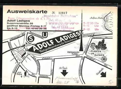 AK Hamburg-St. Pauli, Fachgrosshandel für Beleuchtung Adolf Ladiges, Susannenstrasse 26