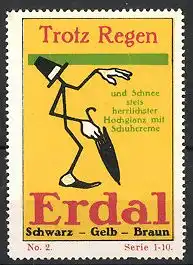 Reklamemarke "Erdal"-Schuhputz, "Schwarz-Gelb-Braun!", Figur mit Regenschirm