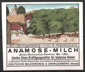 Reklamemarke "Anämose"-Milch der Deutschen Milchwerke Zwingenberg, Serie: Alt-Zwingenberg, Marktplatz