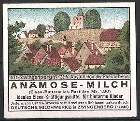 Reklamemarke "Anämose"-Milch der Deutschen Milchwerke Zwingenberg, Serie: Alt-Zwingenberg, Ansicht von der Rheinebene