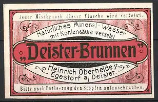 Reklamemarke "Deister-Brunnen"-Mineralwasser der Firma Heinrich Oberheide, Egestorf