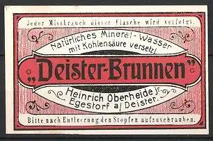Reklamemarke "Deister-Brunnen"-Mineralwasser der Firma Heinrich Oberheide, Egestorf